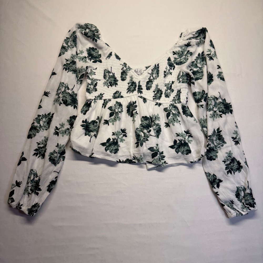 Hollister Floral Smocked Peplum Crop Top Cottagecore Puff Sleeve Boho S White